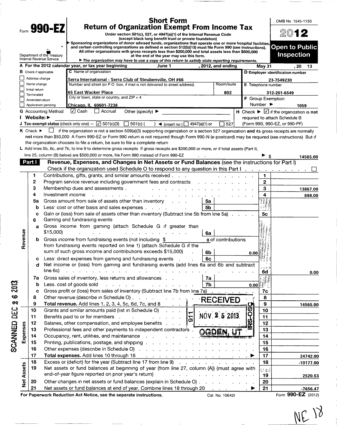 Image of first page of 2012 Form 990EZ for Serra International / 66 Steubenville Serra Club