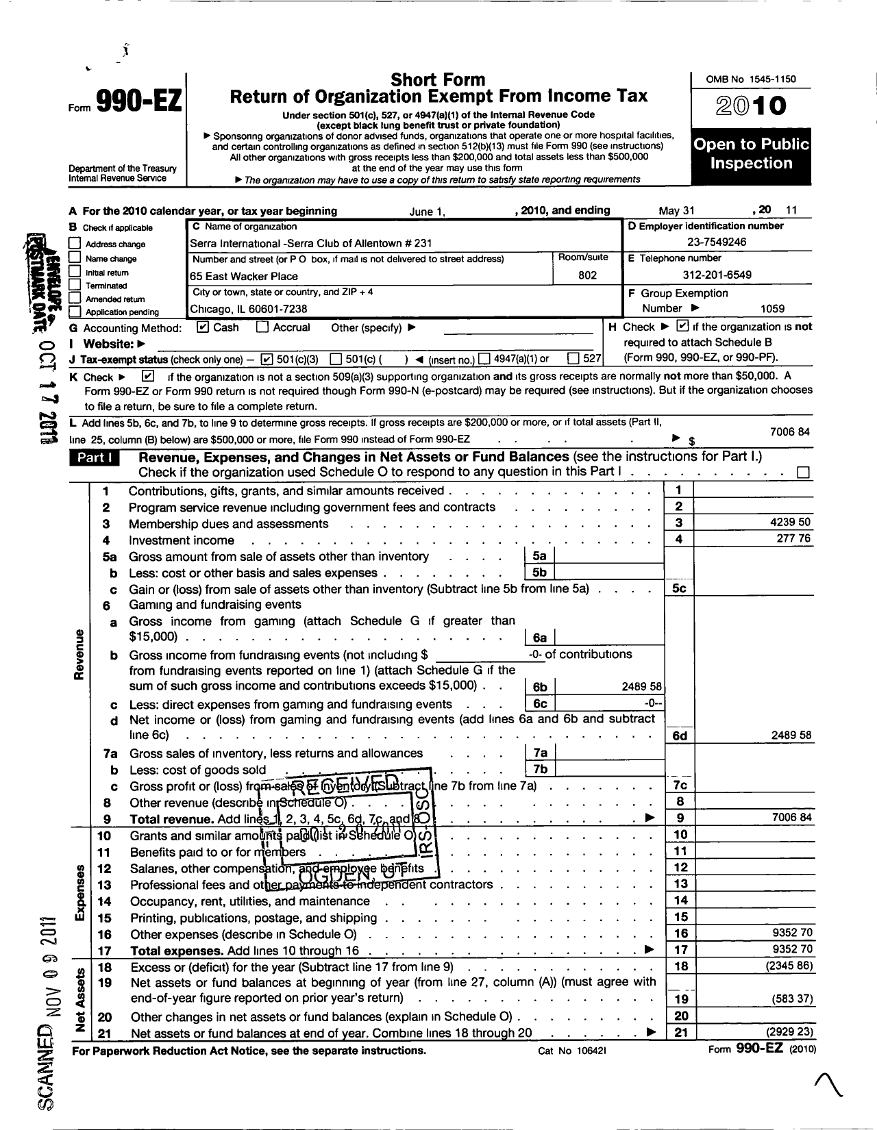 Image of first page of 2010 Form 990EZ for Serra International - 231 Allentown Serra Club