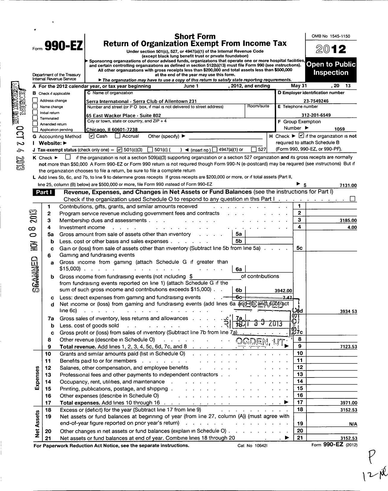 Image of first page of 2012 Form 990EZ for Serra International - 231 Allentown Serra Club