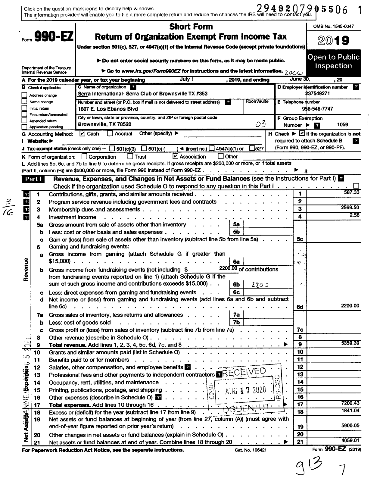 Image of first page of 2019 Form 990EZ for Serra International - 353 Brownsville Serra Club