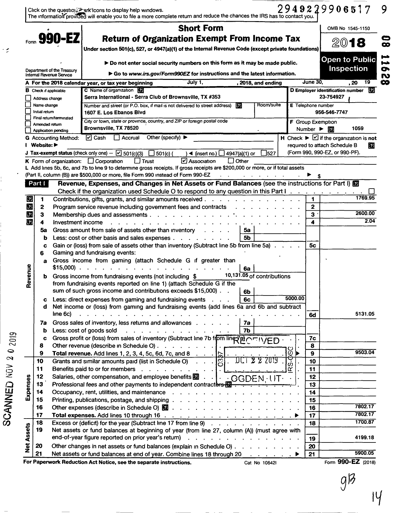 Image of first page of 2018 Form 990EZ for Serra International - 353 Brownsville Serra Club