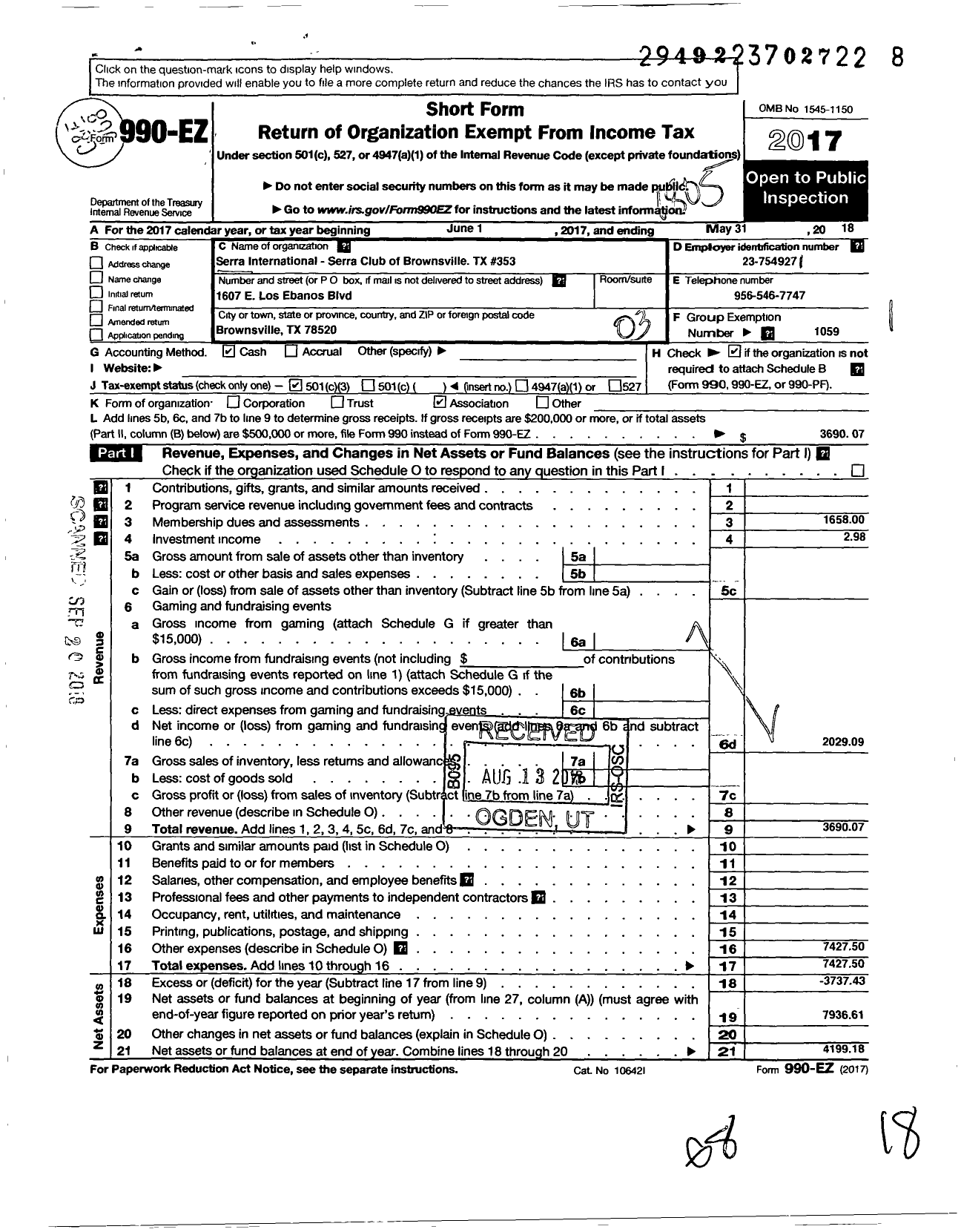 Image of first page of 2017 Form 990EZ for Serra International - 353 Brownsville Serra Club