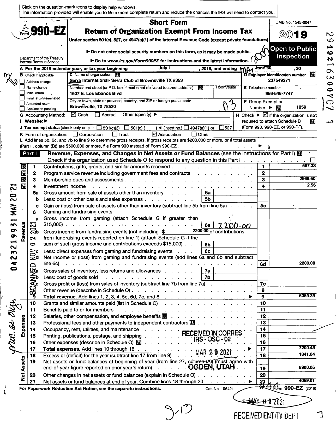 Image of first page of 2019 Form 990EZ for Serra International - 353 Brownsville Serra Club