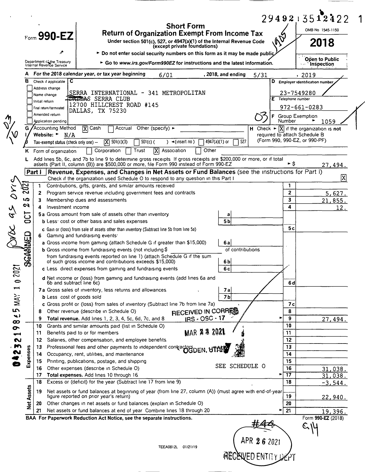 Image of first page of 2018 Form 990EZ for Serra International - 341 Metropolitan Dallas Serra Club