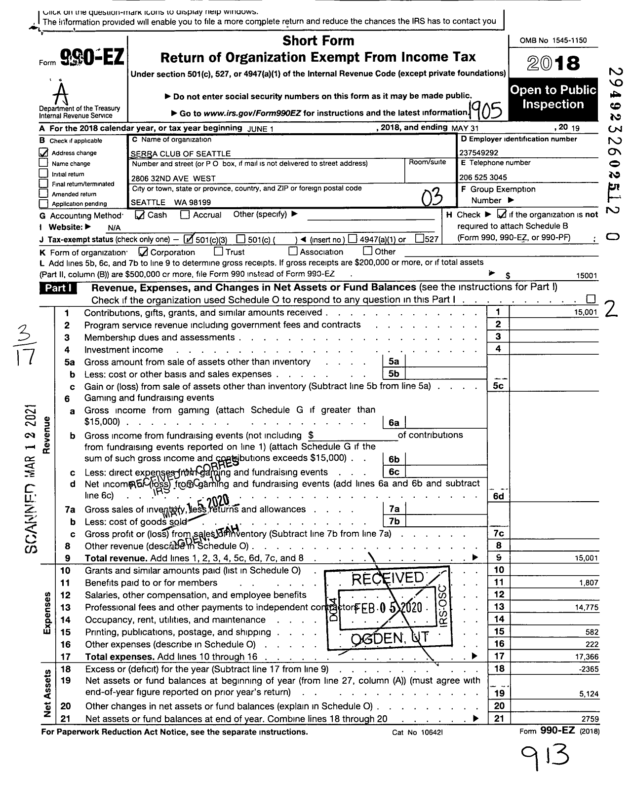 Image of first page of 2018 Form 990EZ for Serra International - 1 Seattle Serra Club