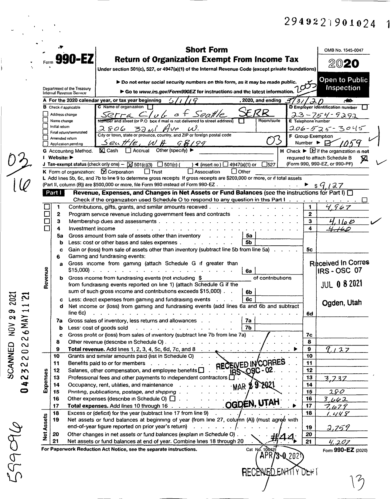 Image of first page of 2019 Form 990EZ for Serra International - 1 Seattle Serra Club