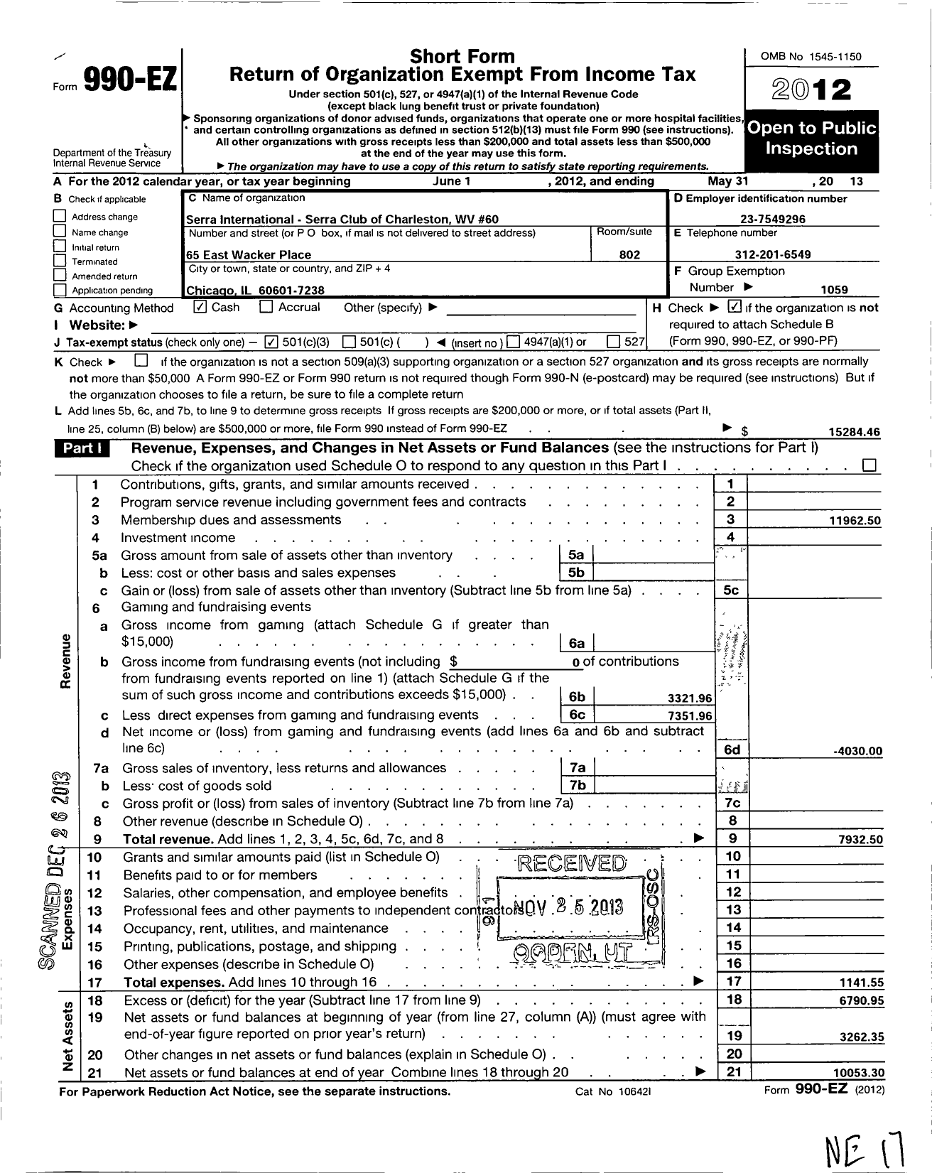 Image of first page of 2012 Form 990EZ for Serra International / 60 Serra Club of Charleston