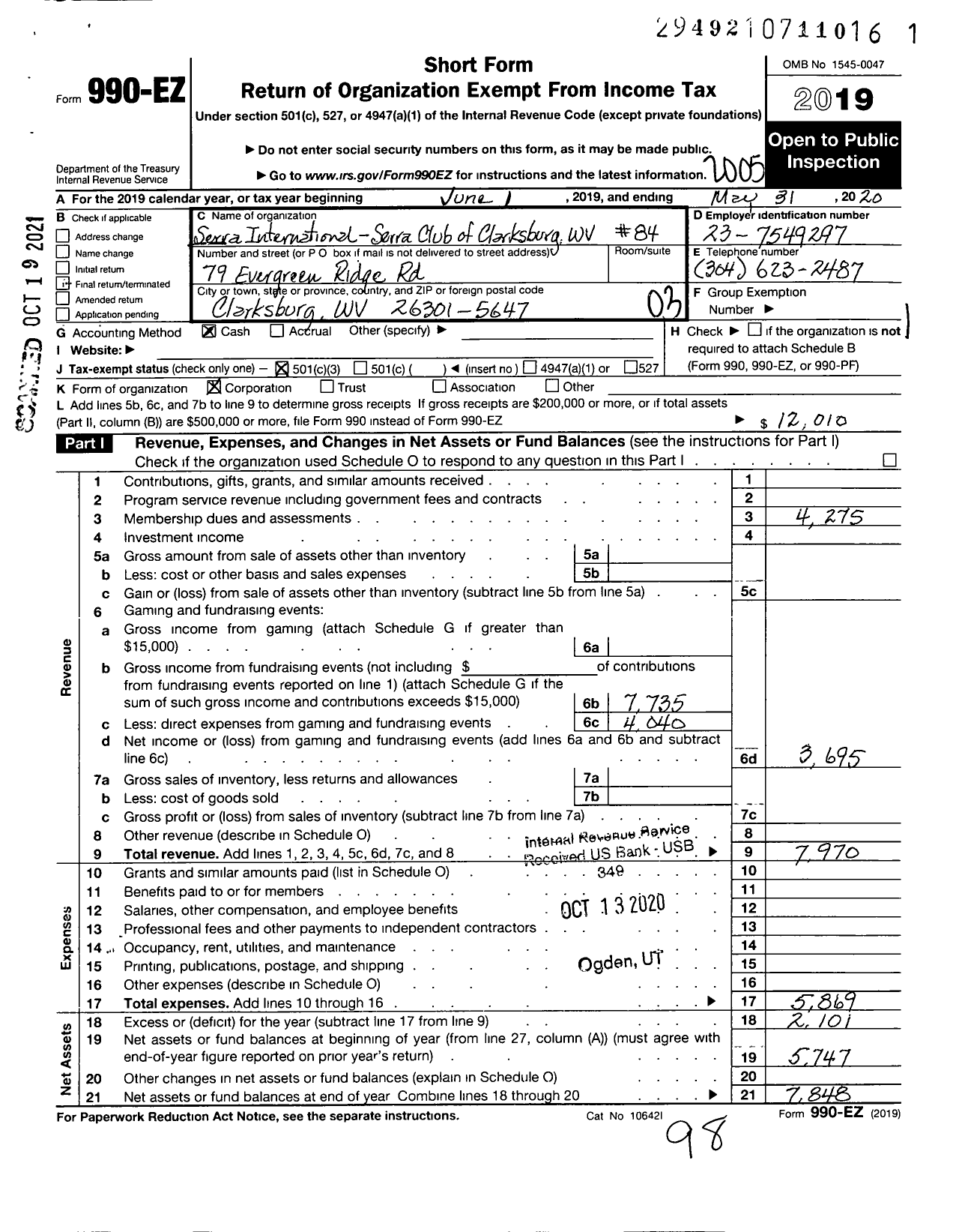 Image of first page of 2019 Form 990EZ for Serra International - 84 Clarksburg Serra Club