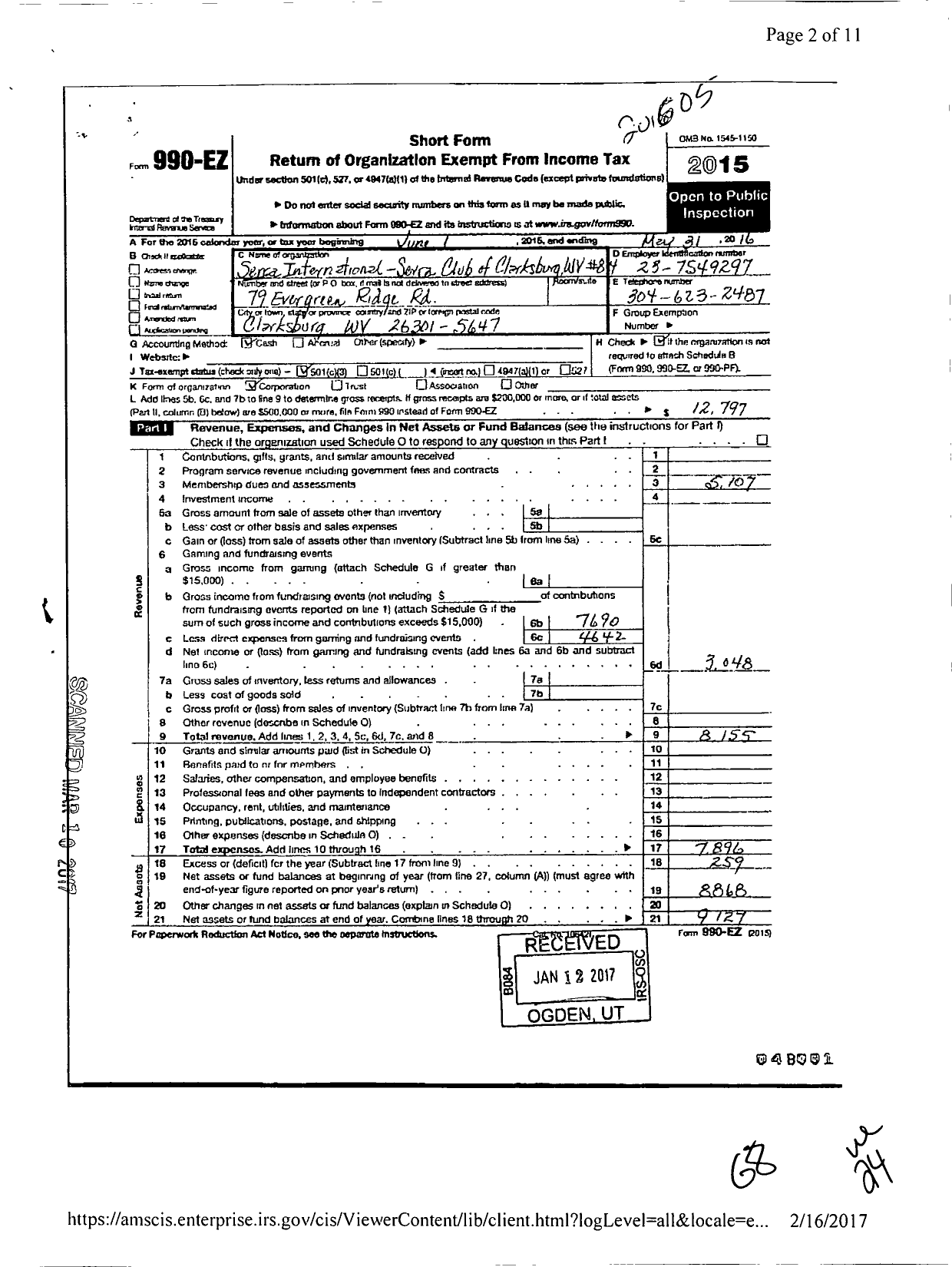 Image of first page of 2015 Form 990EZ for Serra International - 84 Clarksburg Serra Club