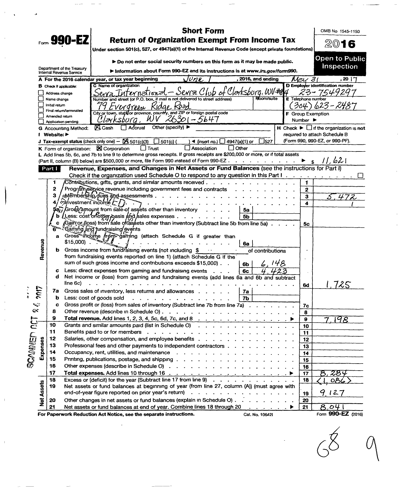 Image of first page of 2016 Form 990EZ for Serra International - 84 Clarksburg Serra Club