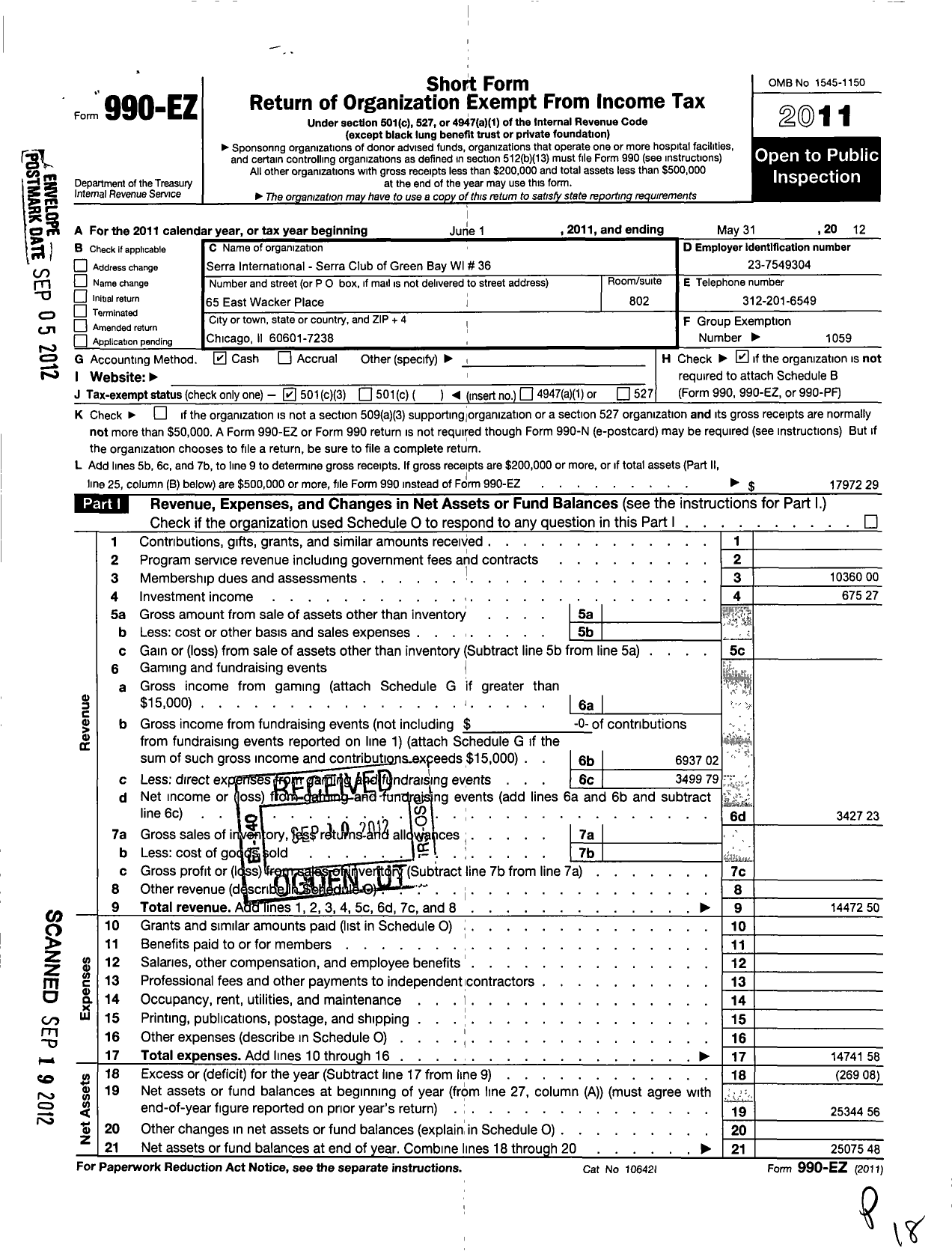Image of first page of 2011 Form 990EZ for Serra International / 36 Serra Club of Green Bay East