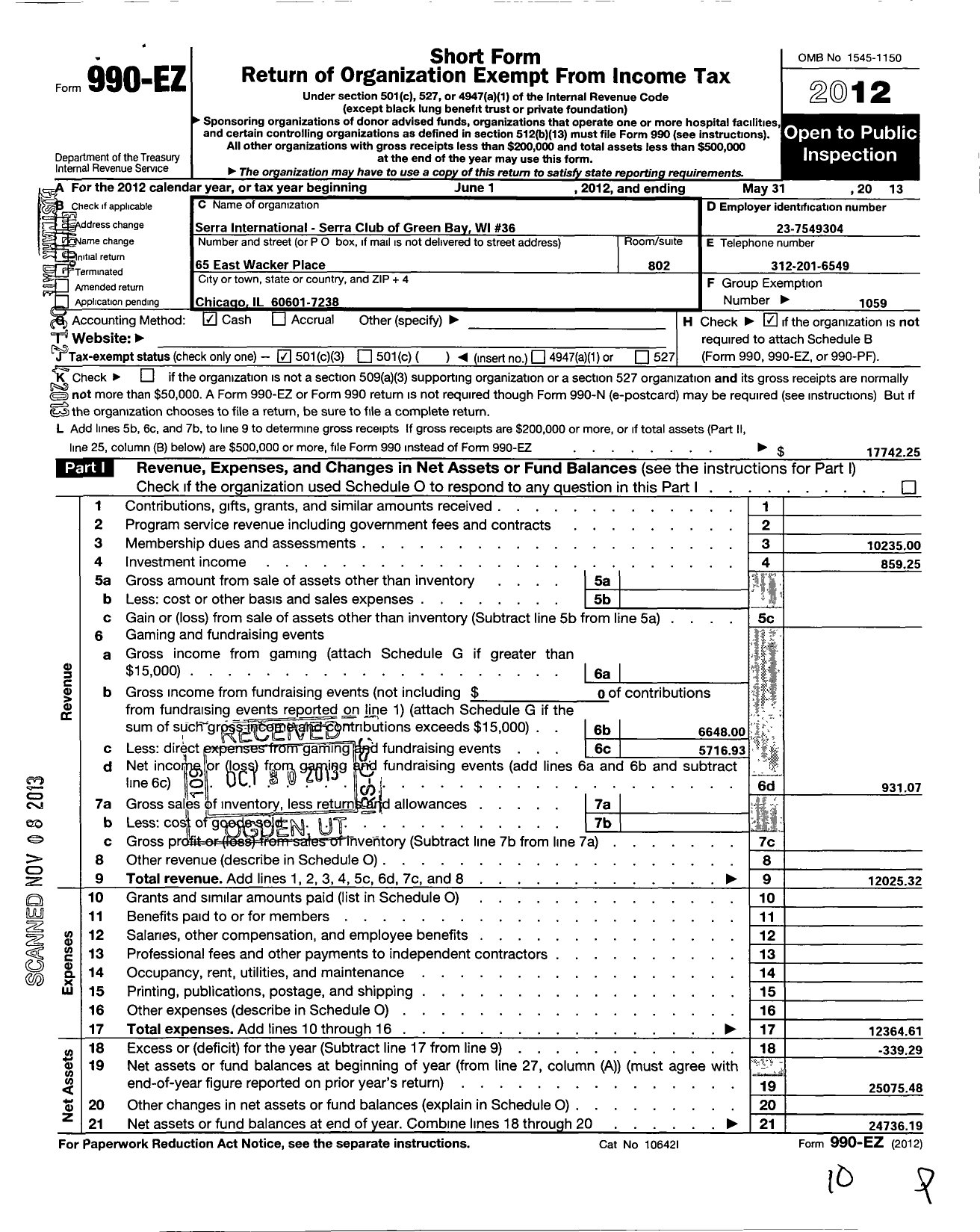 Image of first page of 2012 Form 990EZ for Serra International / 36 Serra Club of Green Bay East