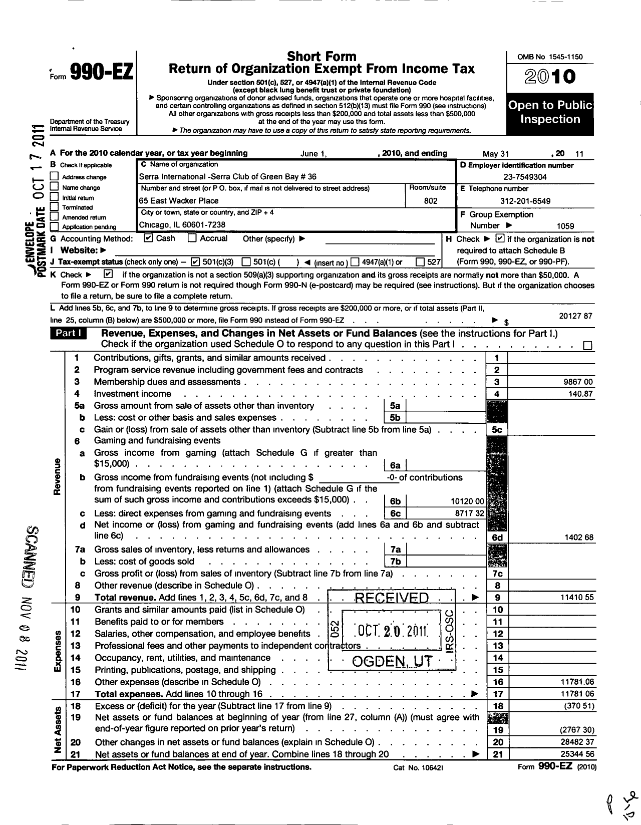 Image of first page of 2010 Form 990EZ for Serra International / 36 Serra Club of Green Bay East