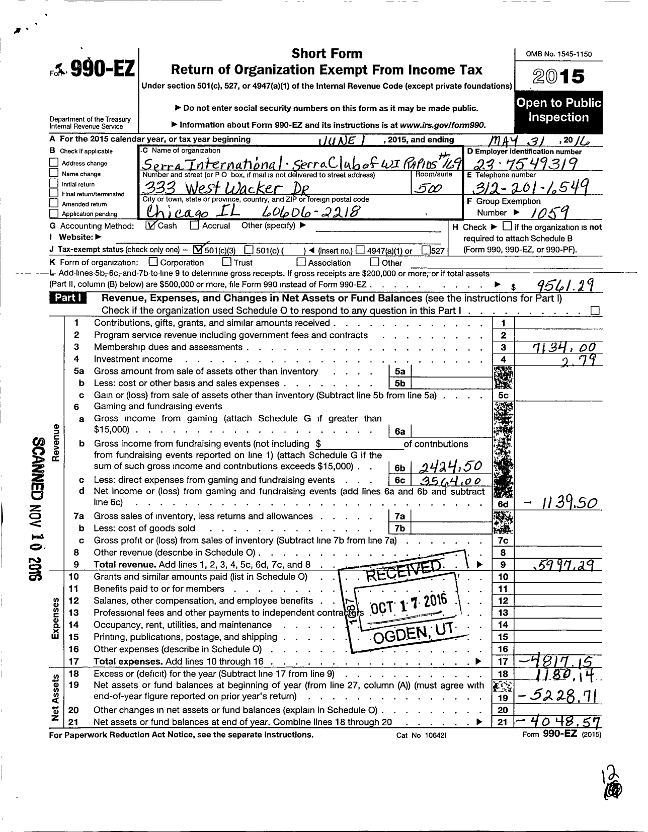 Image of first page of 2015 Form 990EZ for Serra International / Serra Club of Wisconsin Rapids