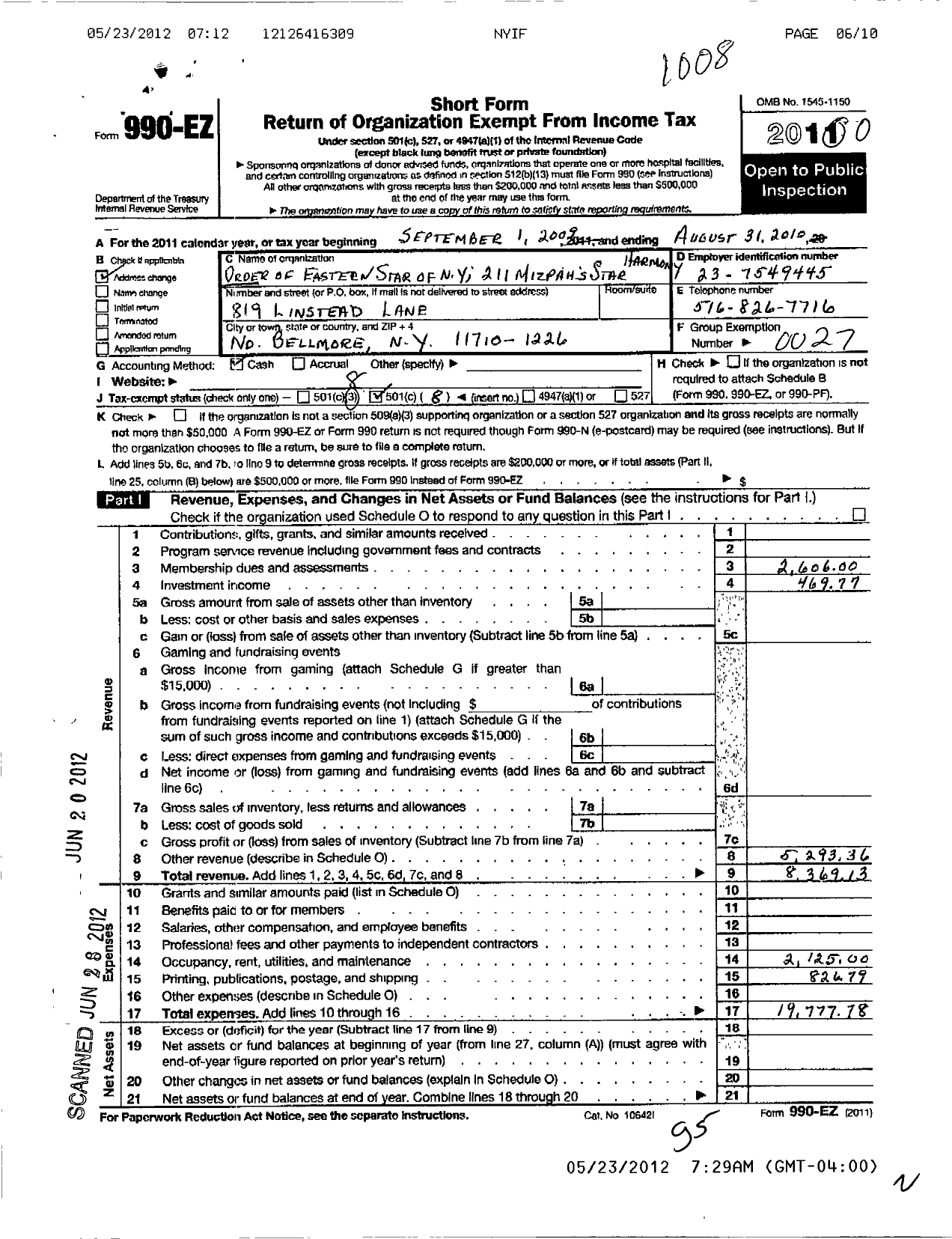 Image of first page of 2009 Form 990EO for Order of Eastern Star of New York - 211 Queens Chapter