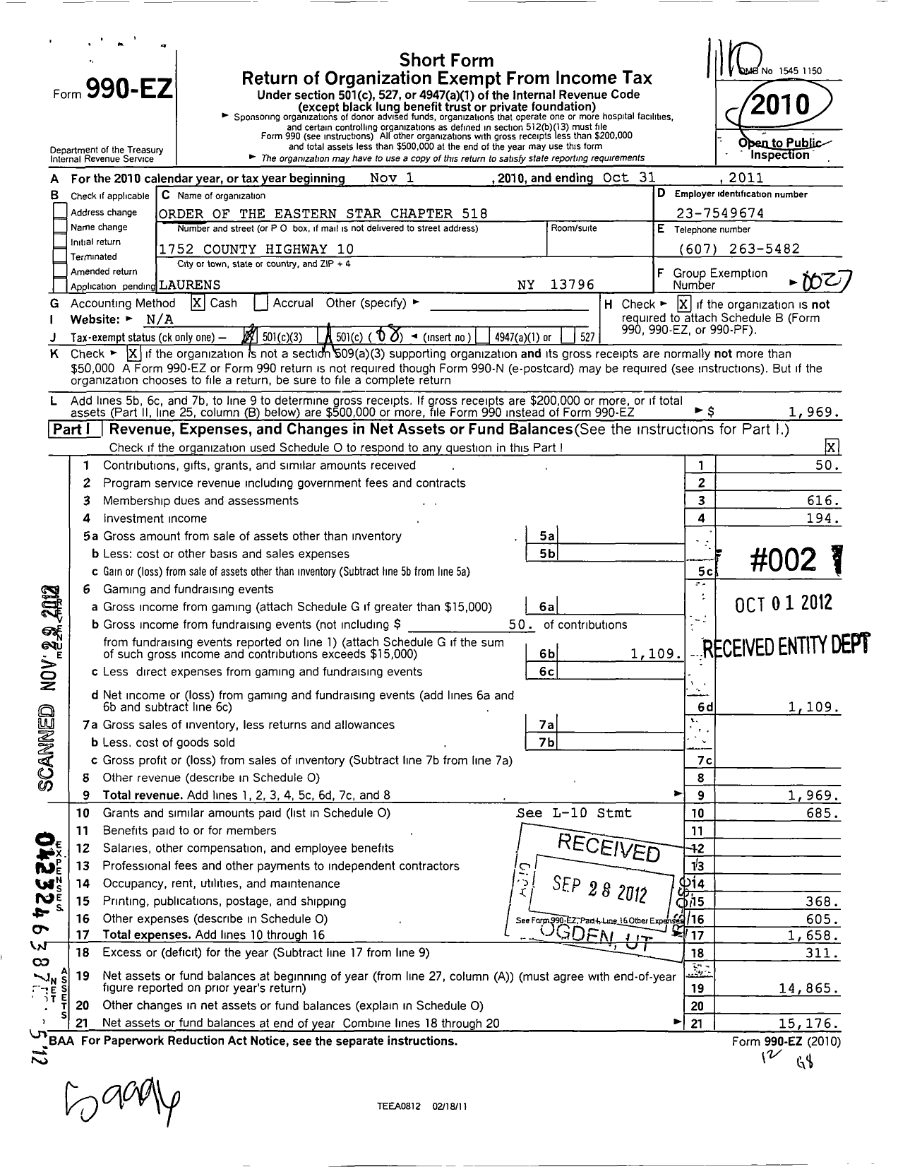 Image of first page of 2010 Form 990EO for Laurens - Freedom Chapter No 518 Order of the Eastern Star Laurens