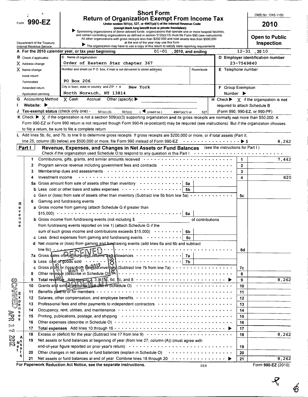 Image of first page of 2010 Form 990EO for Order of Eastern Star of New York - 367 Trinity Star Chapter