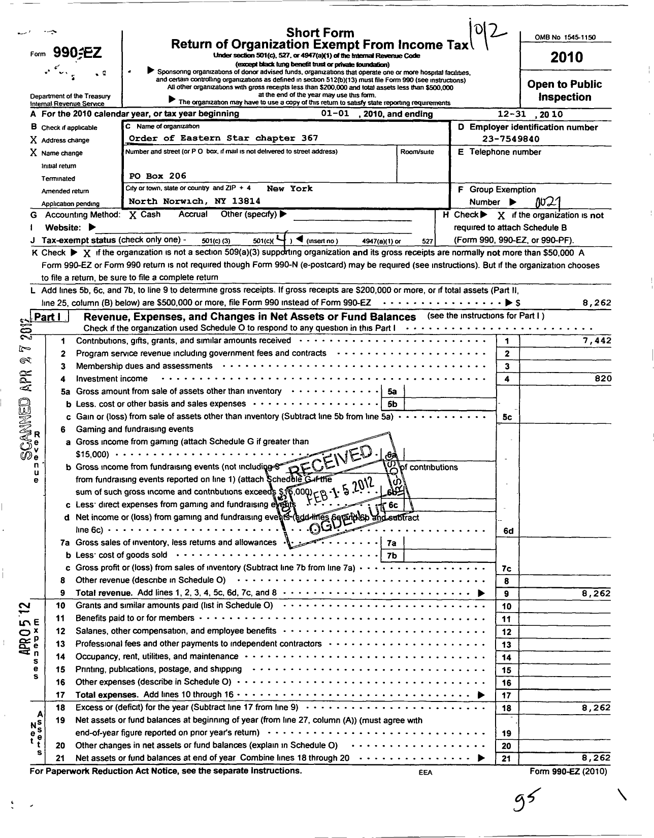 Image of first page of 2010 Form 990EO for Order of Eastern Star of New York - 367 Trinity Star Chapter