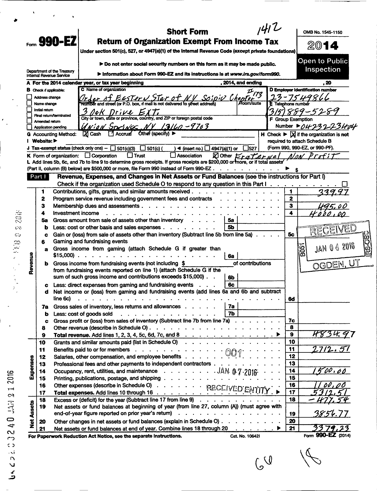 Image of first page of 2014 Form 990EO for Order of Eastern Star of New York - 173 Scipio