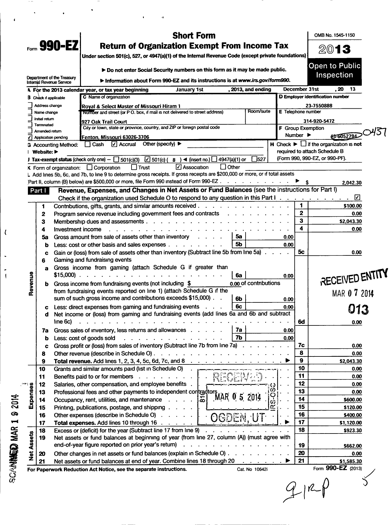 Image of first page of 2013 Form 990EO for Royal and Select Masters of Missouri / 1 Hiram