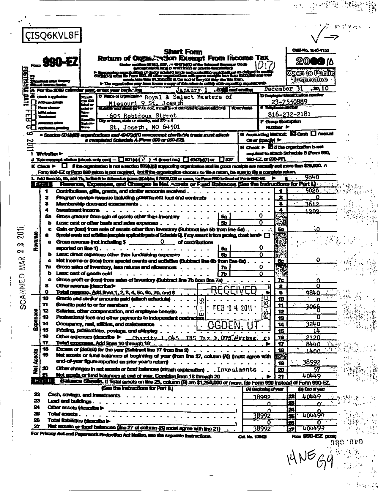 Image of first page of 2010 Form 990EZ for Royal and Select Masters of Missouri - 9 St Joseph