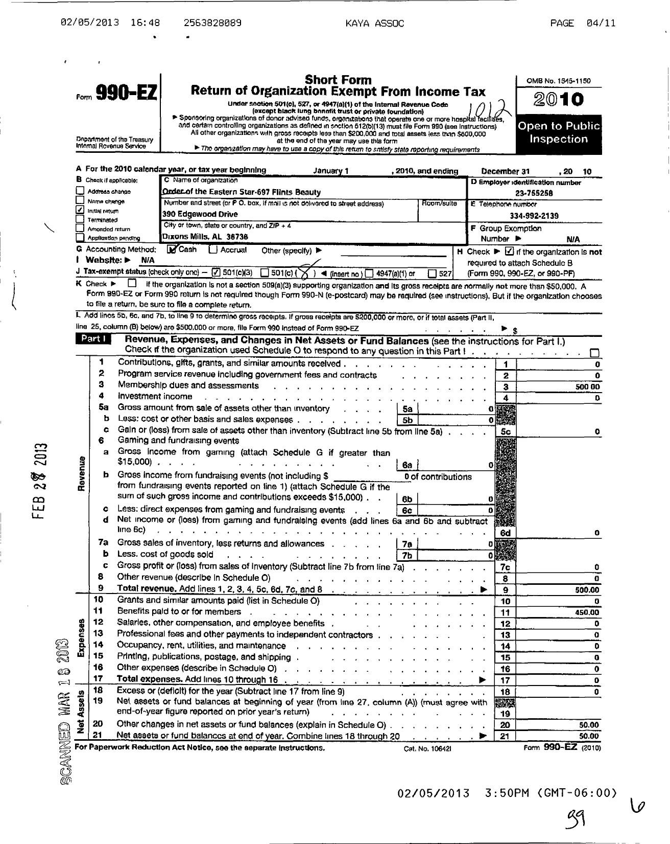 Image of first page of 2010 Form 990EO for Order of the Eastern Star - 697 Flints Beauty