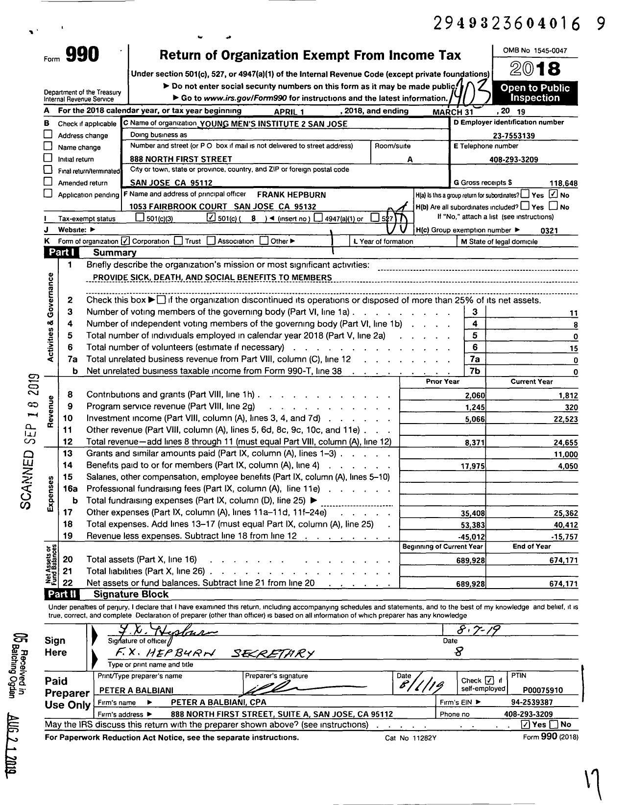 Image of first page of 2018 Form 990O for Young Mens Institute - 2 San Jose