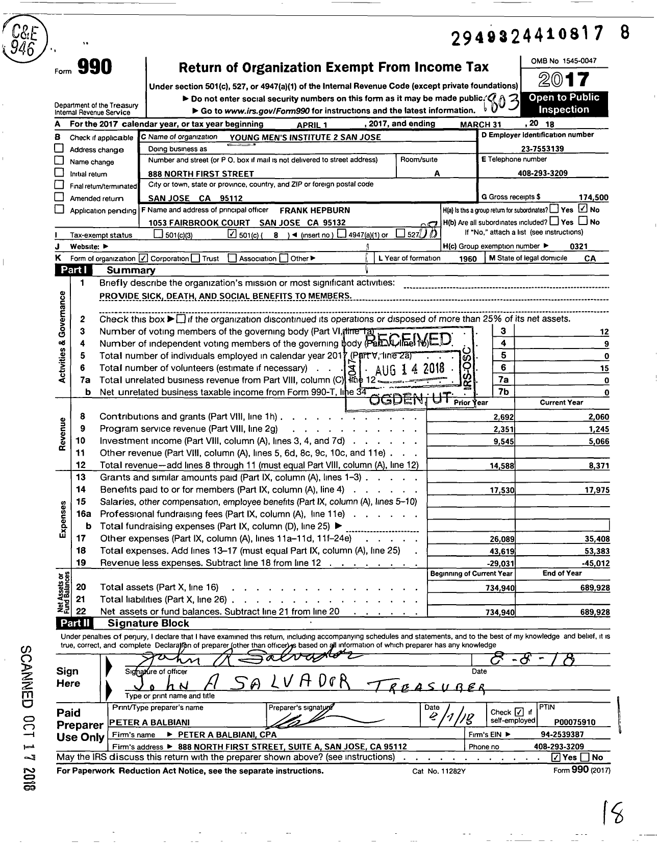 Image of first page of 2017 Form 990O for Young Mens Institute - 2 San Jose