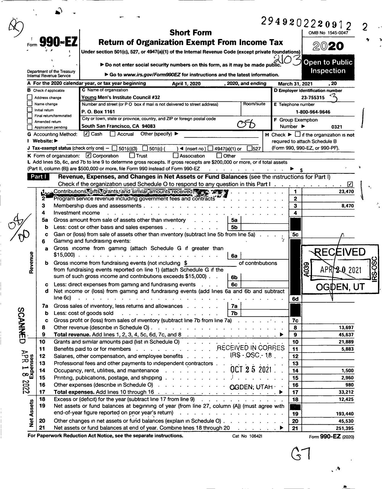 Image of first page of 2020 Form 990EO for Young Mens Institute - 40 Santa Rosa