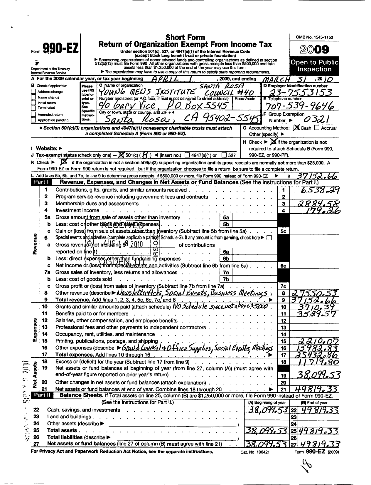 Image of first page of 2009 Form 990EO for Young Mens Institute - 40 Santa Rosa