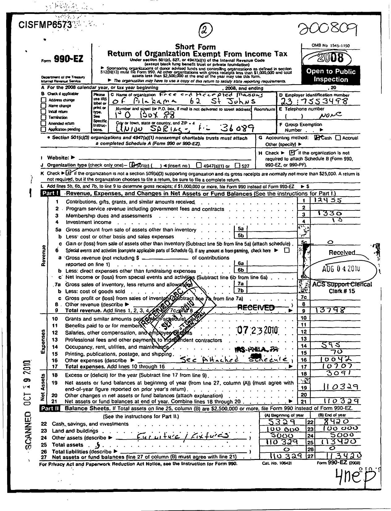 Image of first page of 2007 Form 990EO for Free and Accepted Masons of Alabama - 62 St Johns