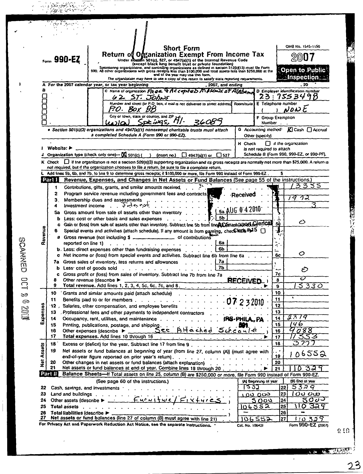 Image of first page of 2007 Form 990EO for Free and Accepted Masons of Alabama - 62 St Johns