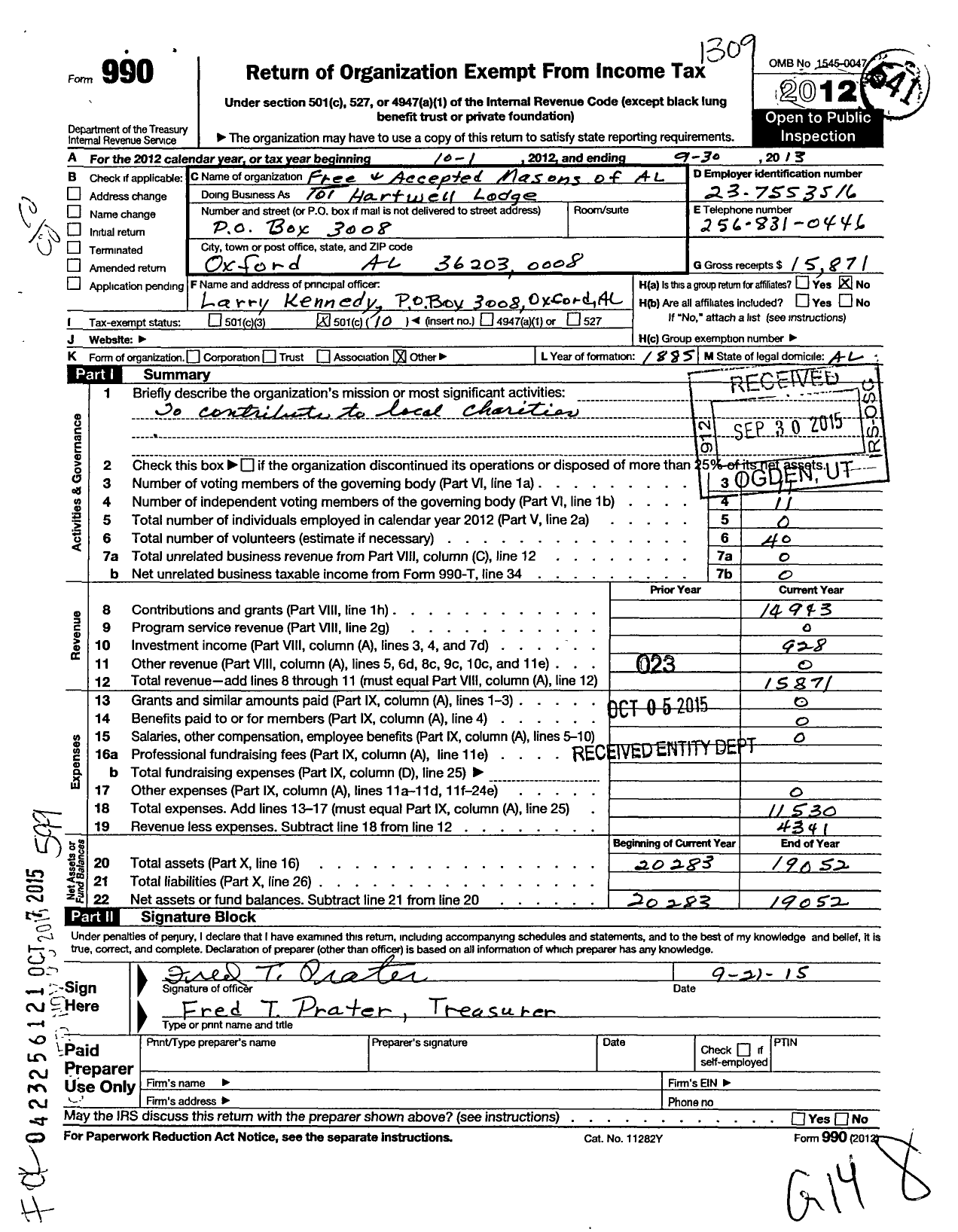 Image of first page of 2012 Form 990O for Free and Accepted Masons of Alabama - 101 Hartwell Lodge