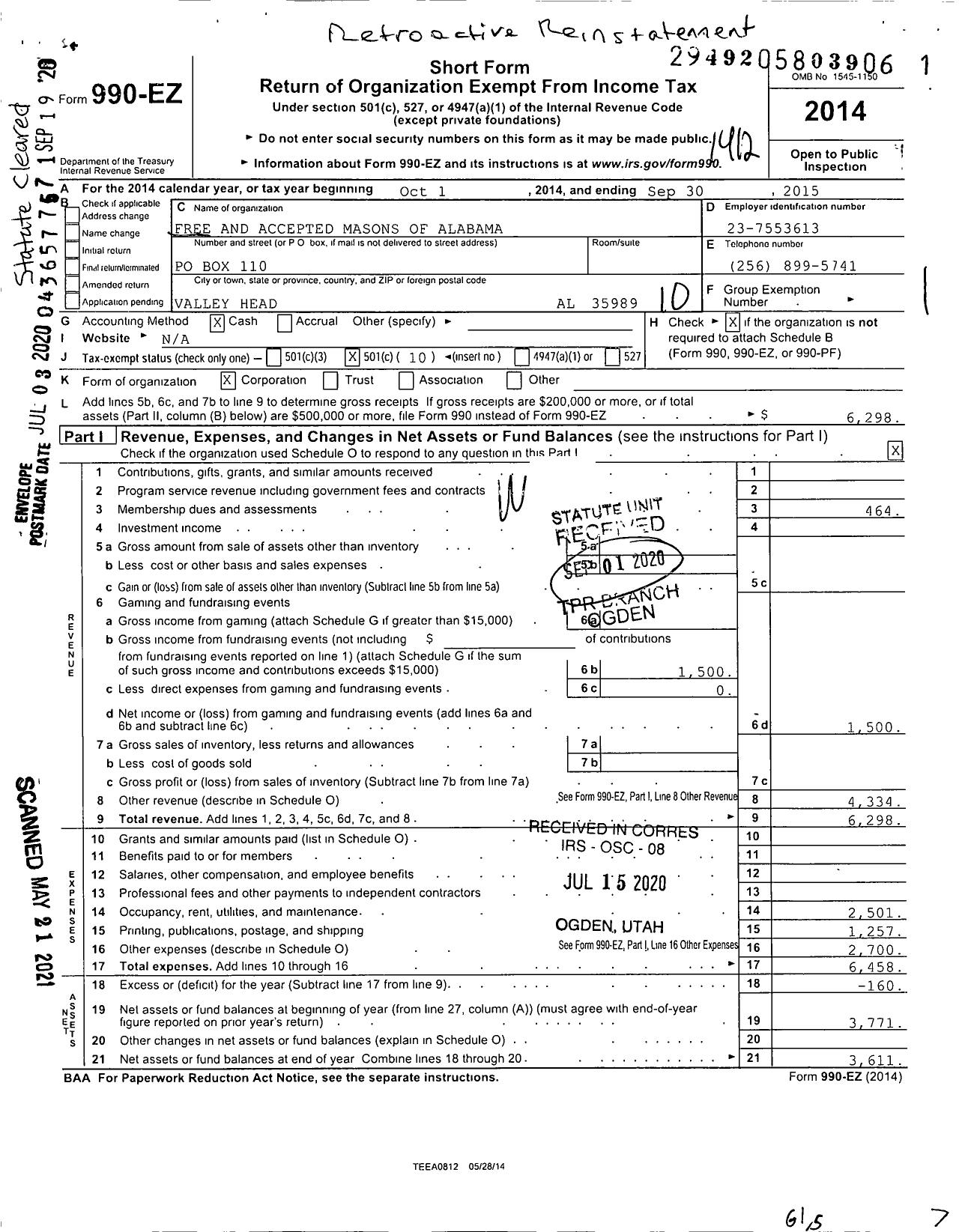 Image of first page of 2014 Form 990EO for Free and Accepted Masons of Alabama / Valley Head Lodge No 394