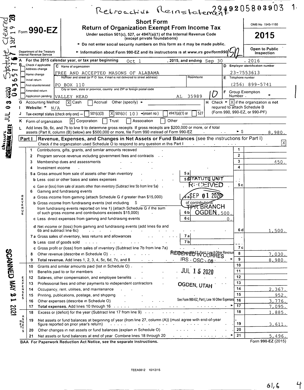 Image of first page of 2015 Form 990EO for Free and Accepted Masons of Alabama / Valley Head Lodge No 394