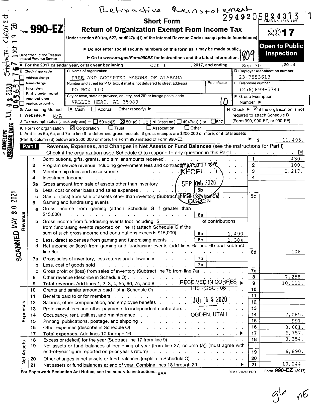 Image of first page of 2017 Form 990EO for Free and Accepted Masons of Alabama / Valley Head Lodge No 394