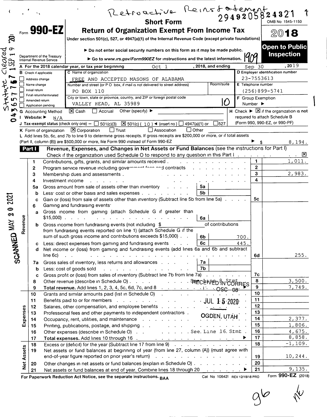 Image of first page of 2018 Form 990EO for Free and Accepted Masons of Alabama / Valley Head Lodge No 394