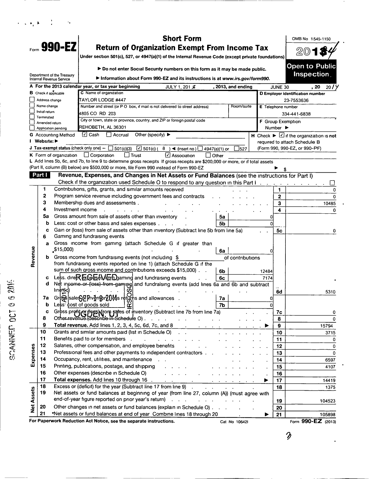 Image of first page of 2013 Form 990EO for Free and Accepted Masons of Alabama - 447 Taylor Lodge