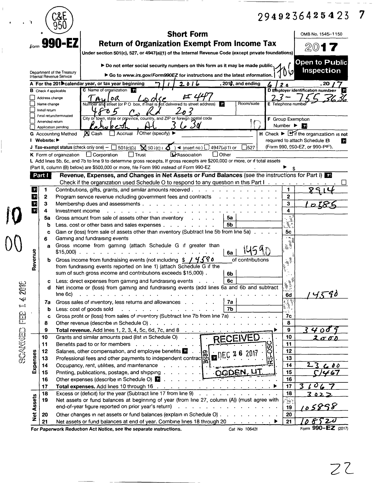 Image of first page of 2016 Form 990EO for Free and Accepted Masons of Alabama - 447 Taylor Lodge