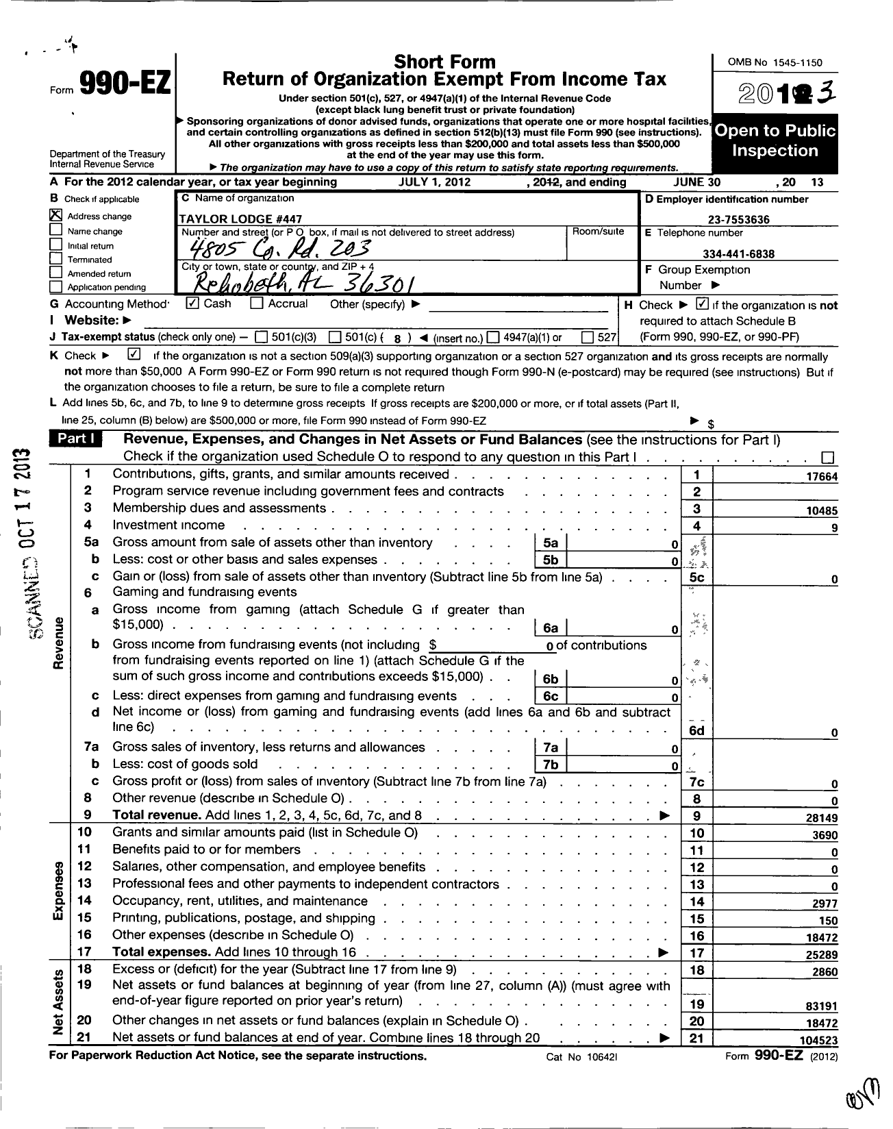 Image of first page of 2012 Form 990EO for Free and Accepted Masons of Alabama - 447 Taylor Lodge