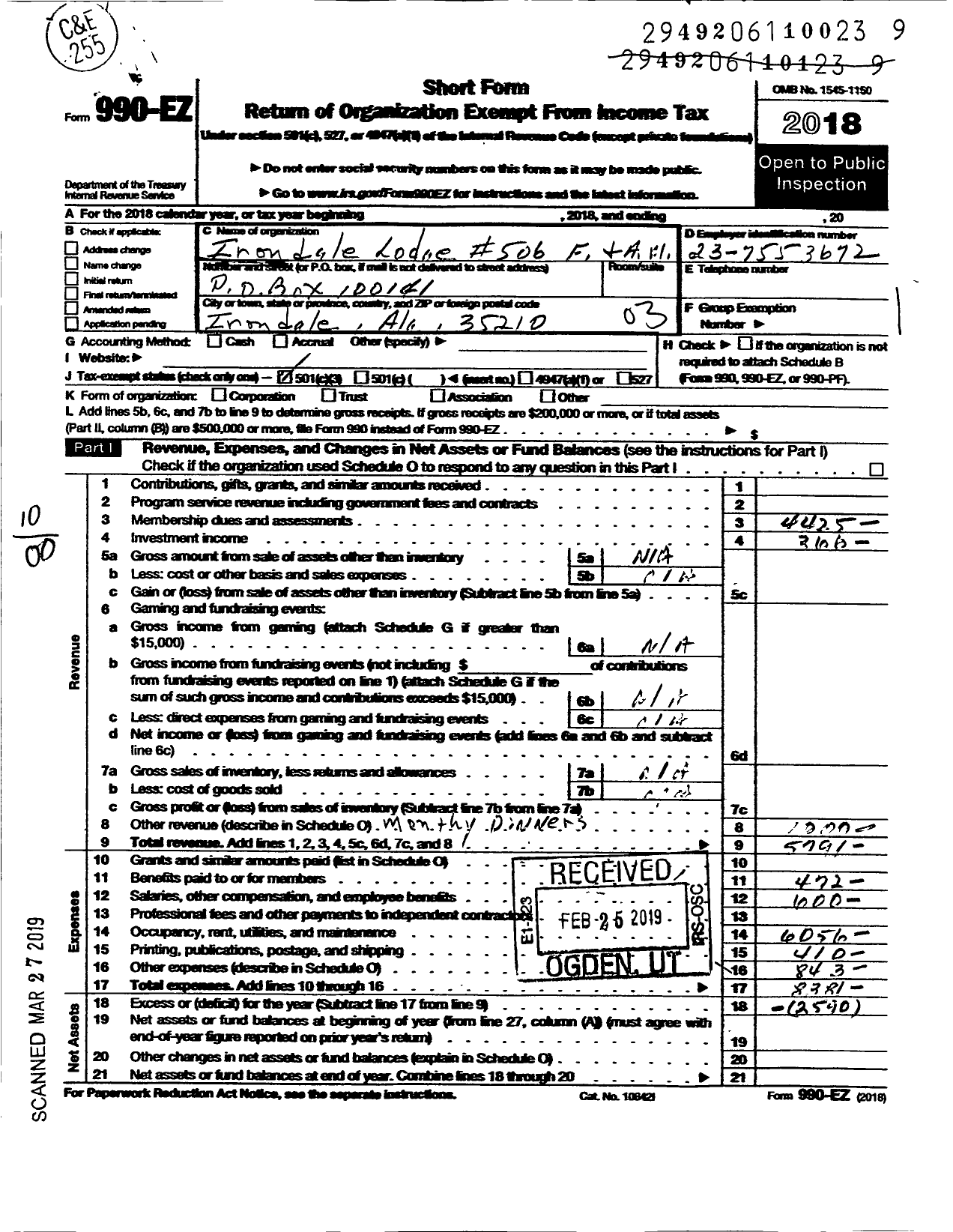 Image of first page of 2018 Form 990EZ for Free and Accepted Masons of Alabama - 506 Irondale Lodge