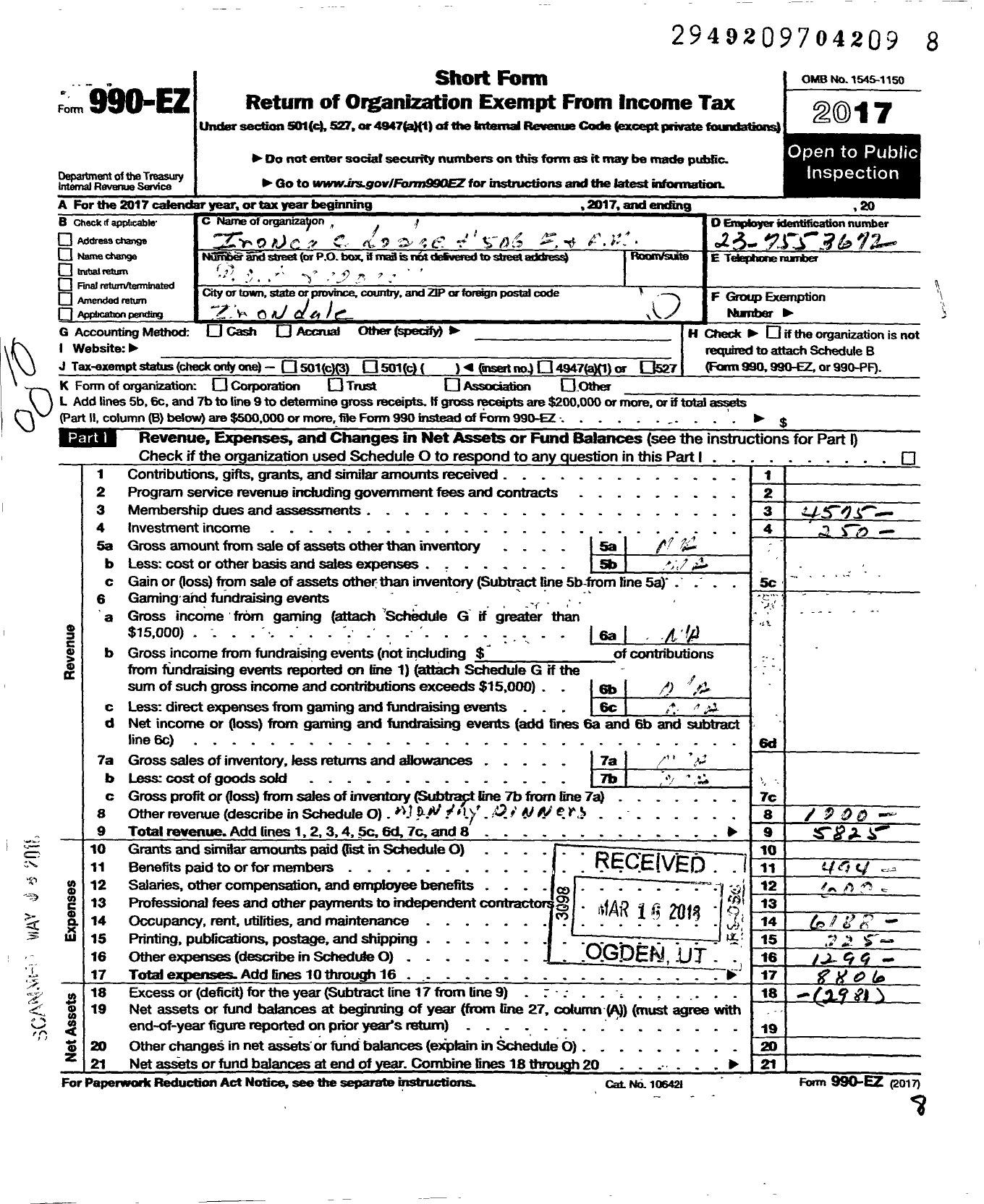 Image of first page of 2017 Form 990EO for Free and Accepted Masons of Alabama - 506 Irondale Lodge