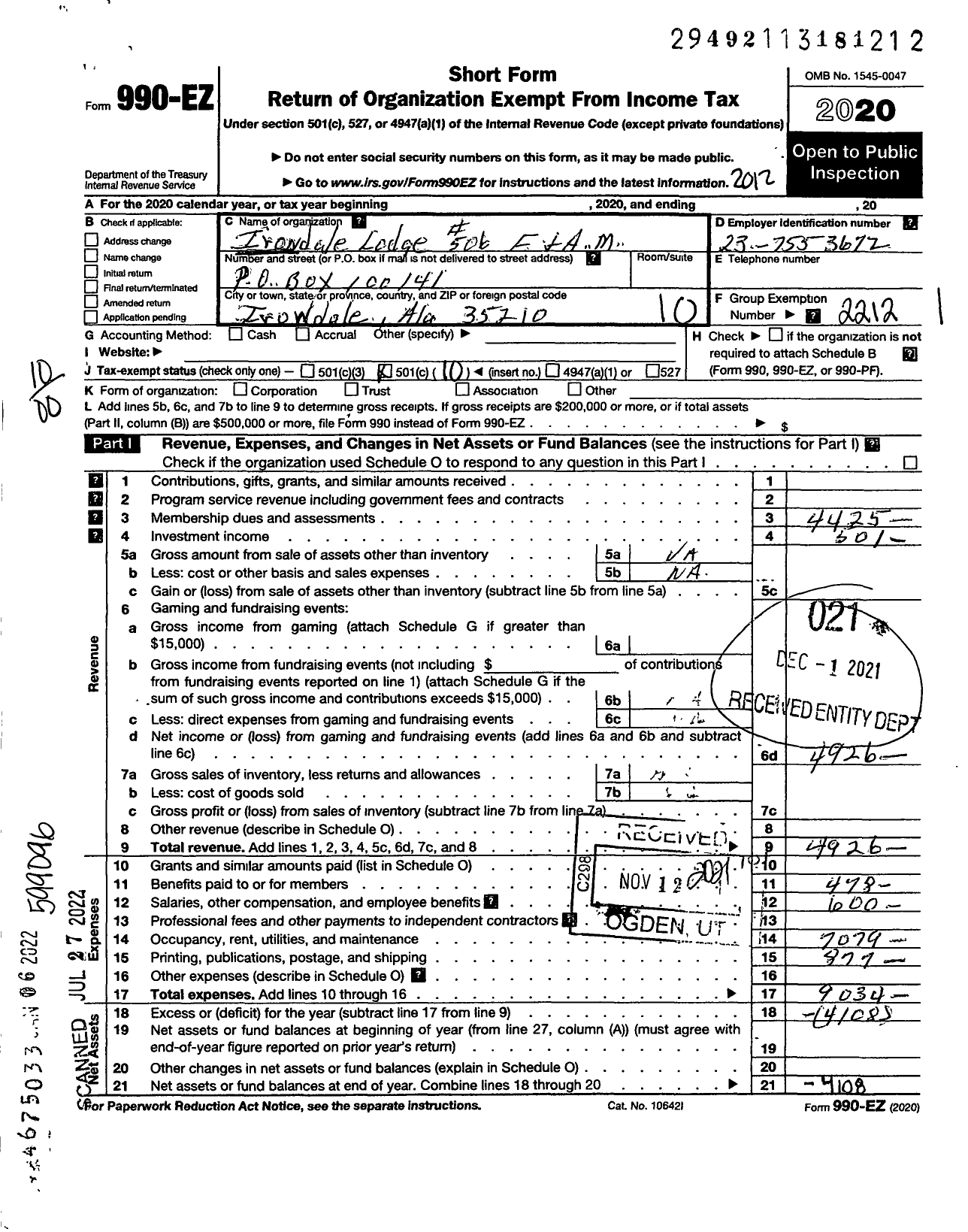 Image of first page of 2020 Form 990EO for Free and Accepted Masons of Alabama - 506 Irondale Lodge