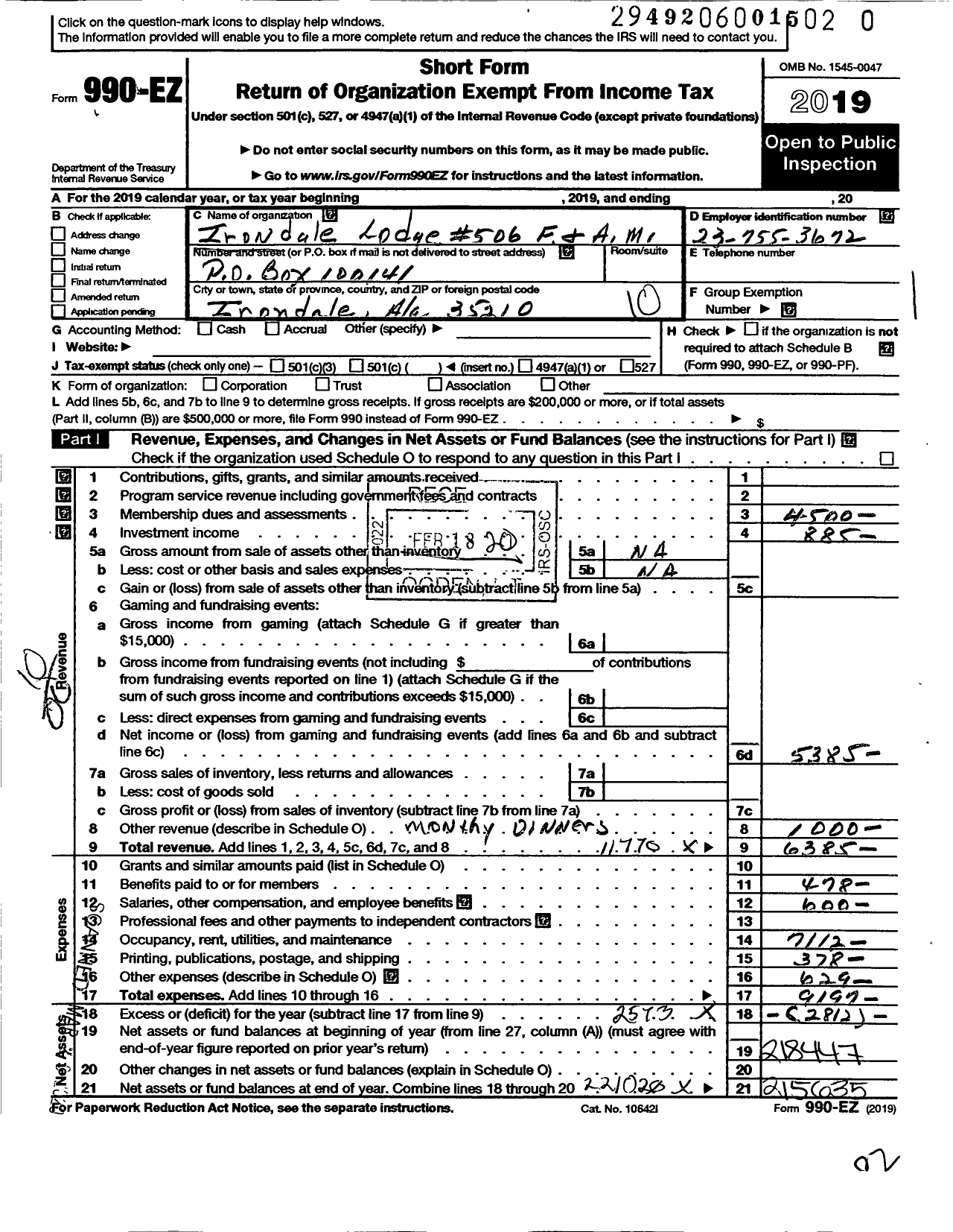 Image of first page of 2019 Form 990EO for Free and Accepted Masons of Alabama - 506 Irondale Lodge