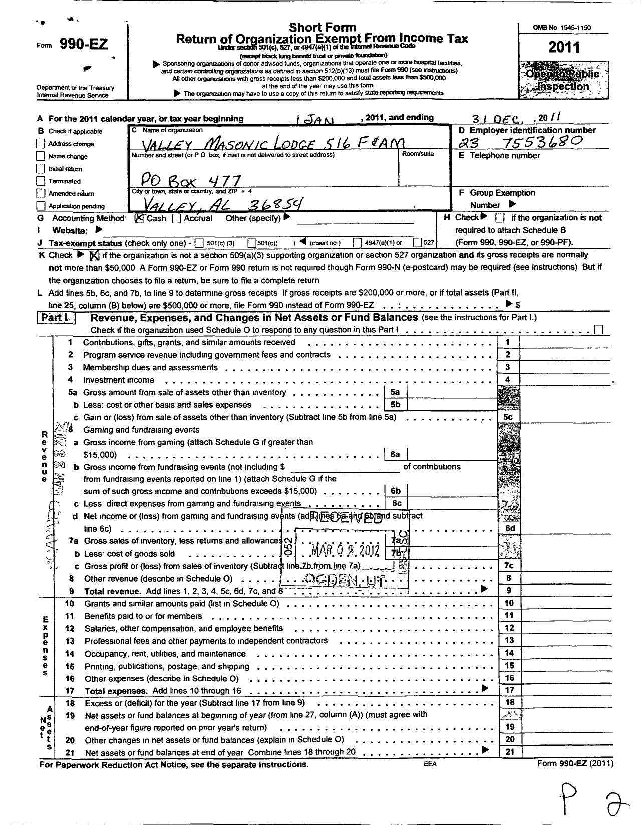 Image of first page of 2011 Form 990EO for Free and Accepted Masons of Alabama - 516 Valley Masonic