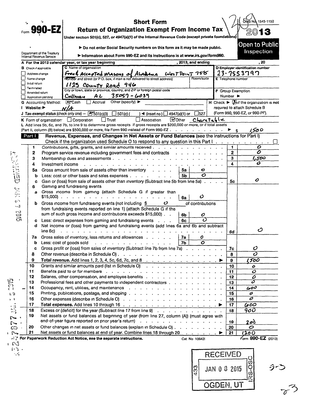 Image of first page of 2012 Form 990EZ for Free and Accepted Masons of Alabama - 758 West Point Lodge