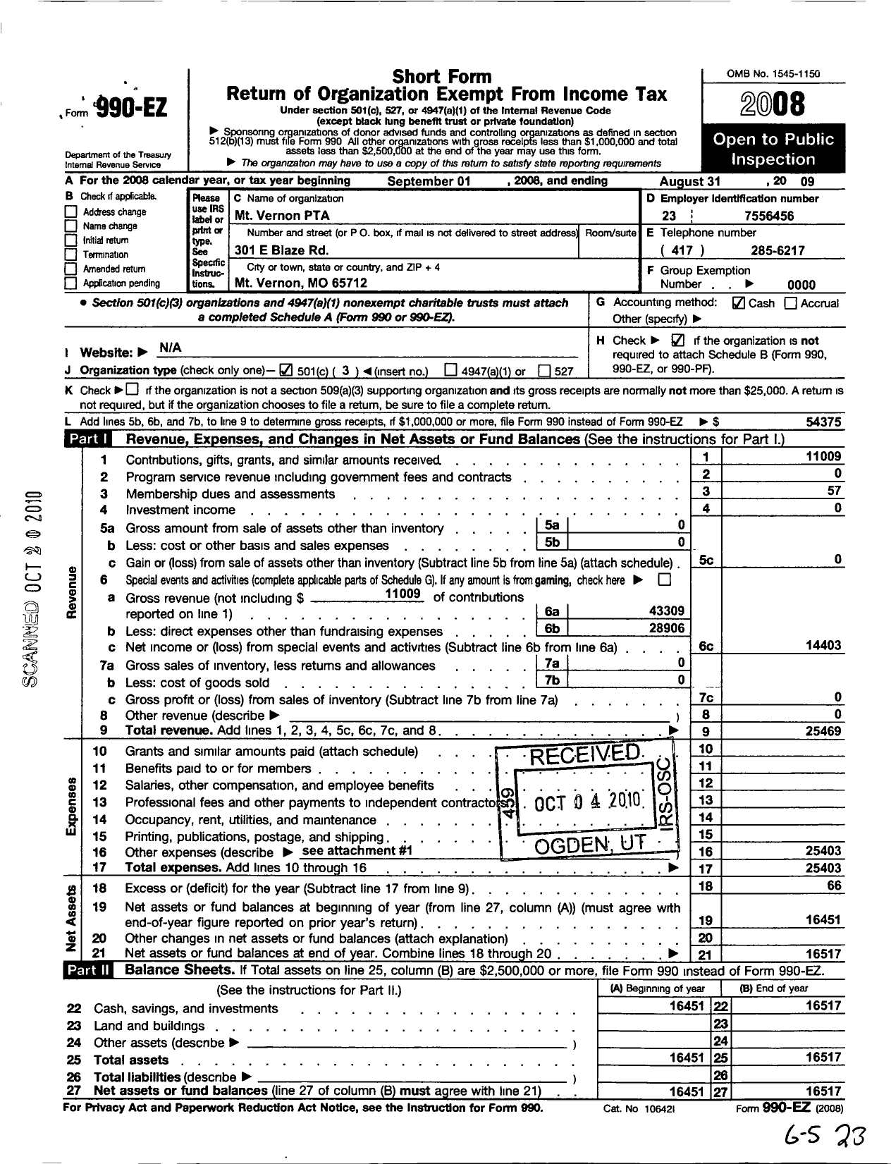 Image of first page of 2008 Form 990EZ for Missouri Congress of Parents and Teachers / MT Vernon R-5 PTA