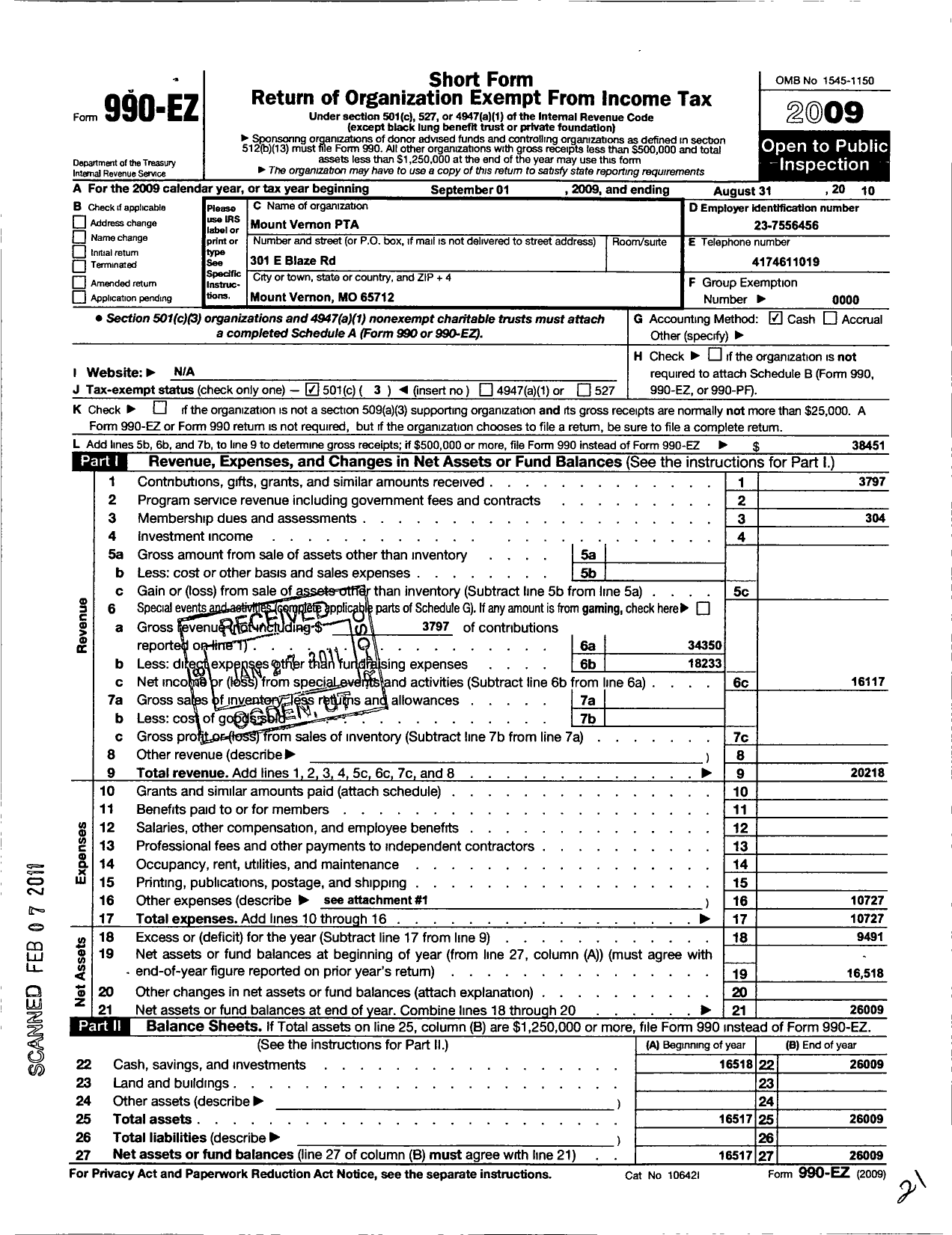 Image of first page of 2009 Form 990EZ for Missouri Congress of Parents and Teachers / MT Vernon R-5 PTA