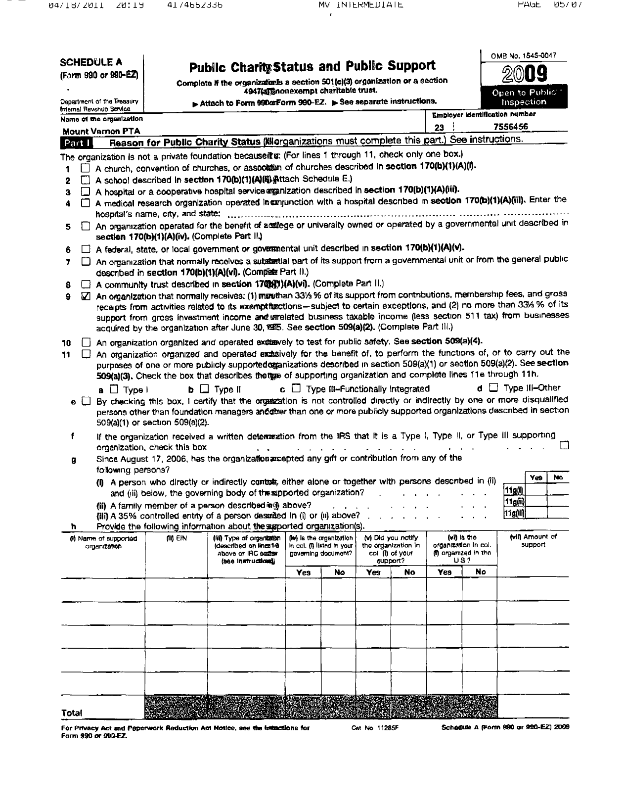 Image of first page of 2009 Form 990ER for Missouri Congress of Parents and Teachers / MT Vernon R-5 PTA