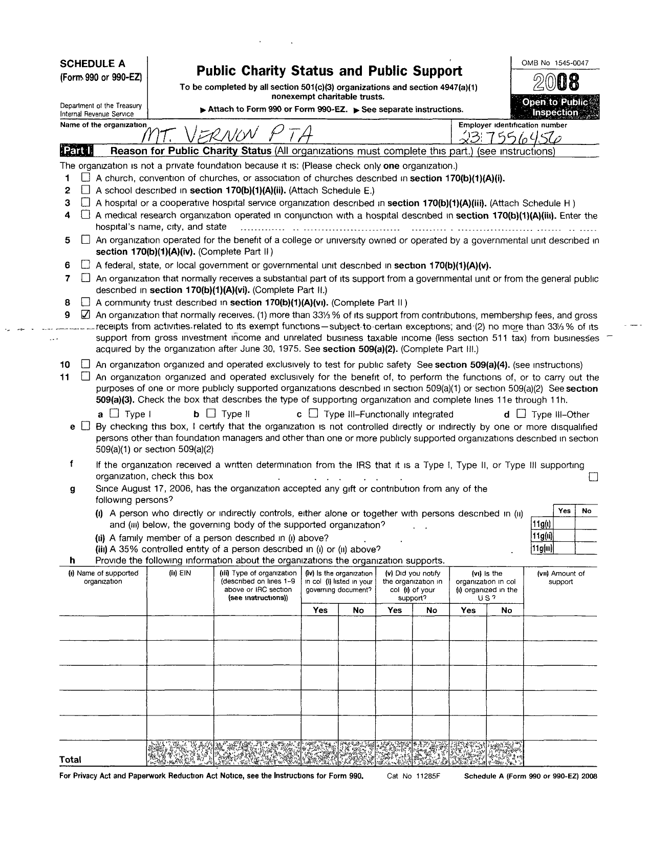 Image of first page of 2008 Form 990ER for Missouri Congress of Parents and Teachers / MT Vernon R-5 PTA